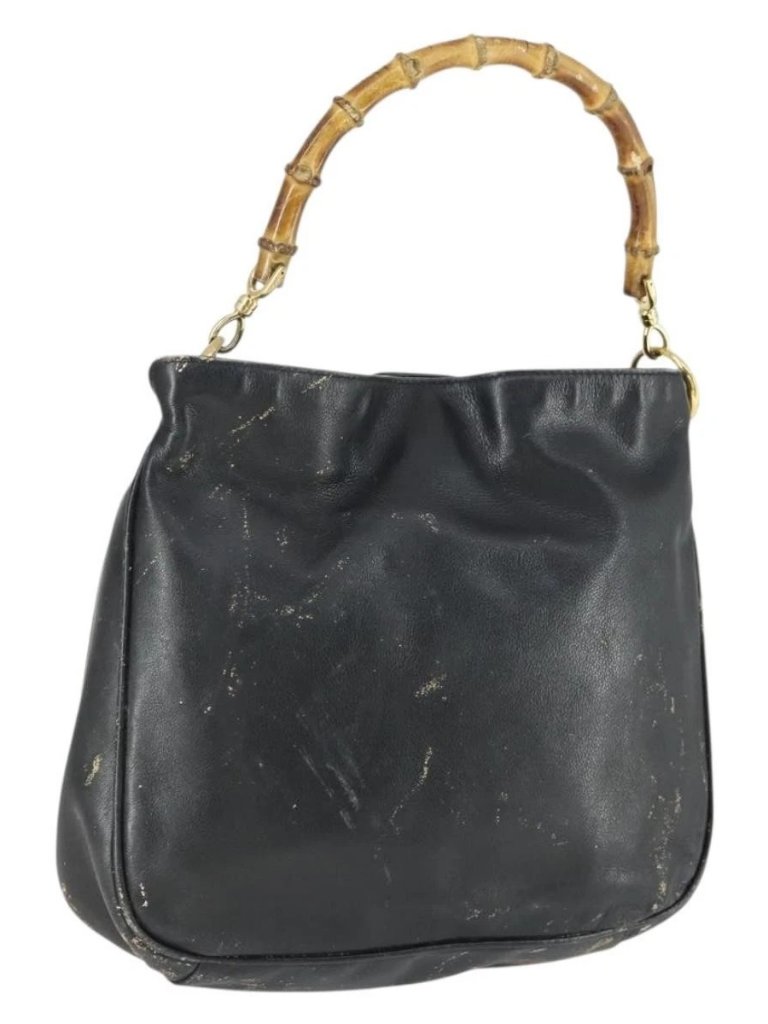 Gucci Bamboo Hand Bag Leather Black Gold Auth 170494
